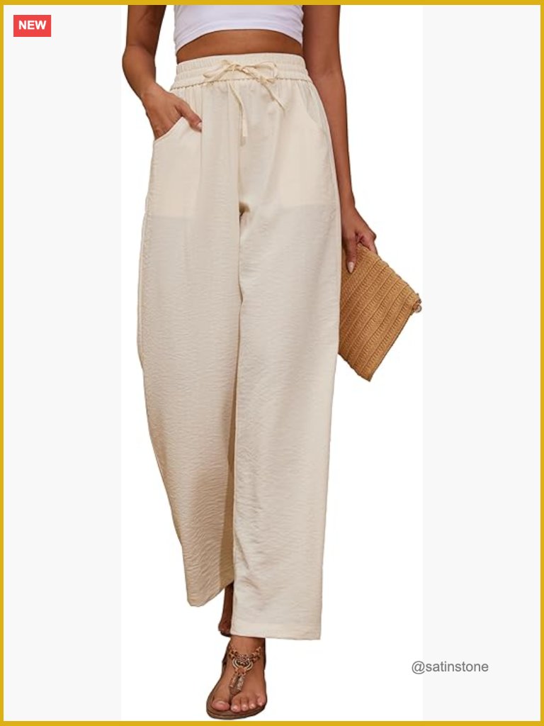 Flowy Wide Leg Palazzo Pants Drawstring Waist With Pockets Loose Fit